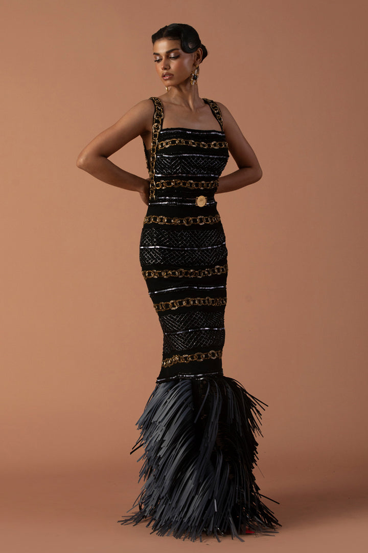 Black Pencil Dress Embellished With Bugle Beads & Black Leather Tassel Skirt