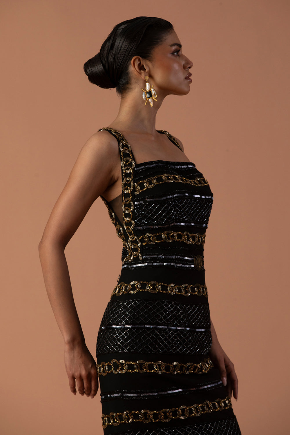 Black Pencil Dress Embellished With Bugle Beads & Black Leather Tassel Skirt