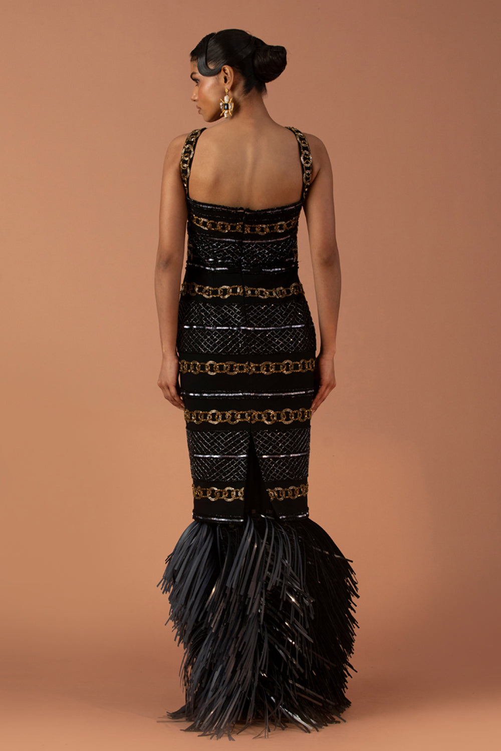Black Pencil Dress Embellished With Bugle Beads & Black Leather Tassel Skirt