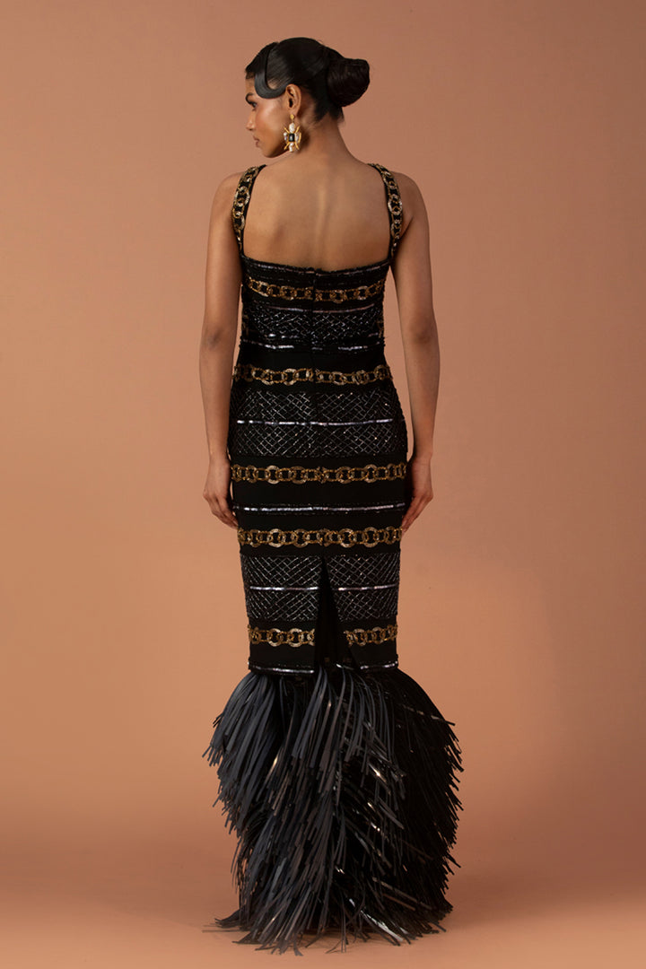 Black Pencil Dress Embellished With Bugle Beads & Black Leather Tassel Skirt