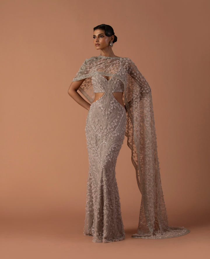 Pale Pink Cut Out Gown With 3D Embroidery And Cropped Cape
