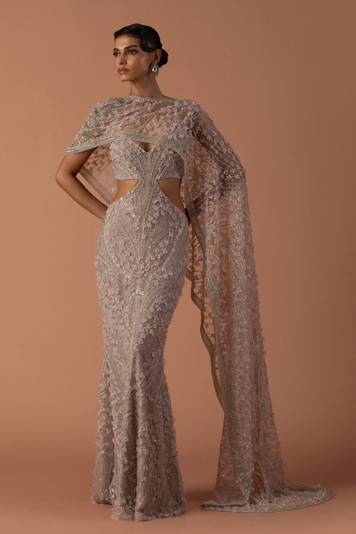 Pale Pink Cut Out Gown With 3D Embroidery And Cropped Cape