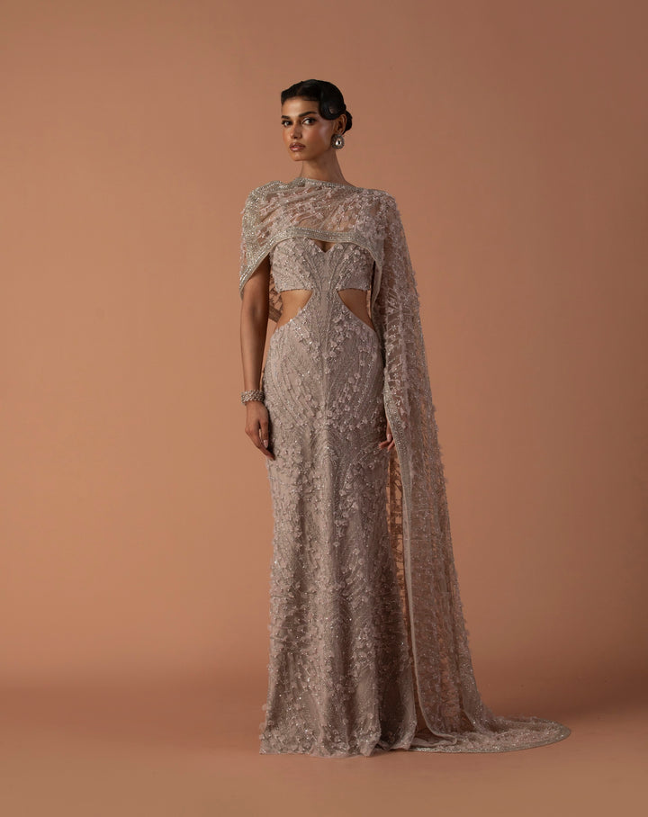 Pale Pink Cut Out Gown With 3D Embroidery And Cropped Cape