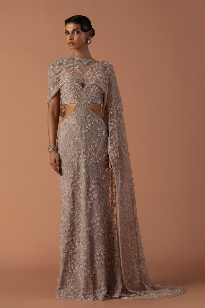 Pale Pink Cut Out Gown With 3D Embroidery And Cropped Cape