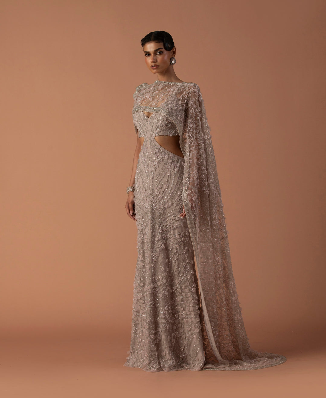 Pale Pink Cut Out Gown With 3D Embroidery And Cropped Cape