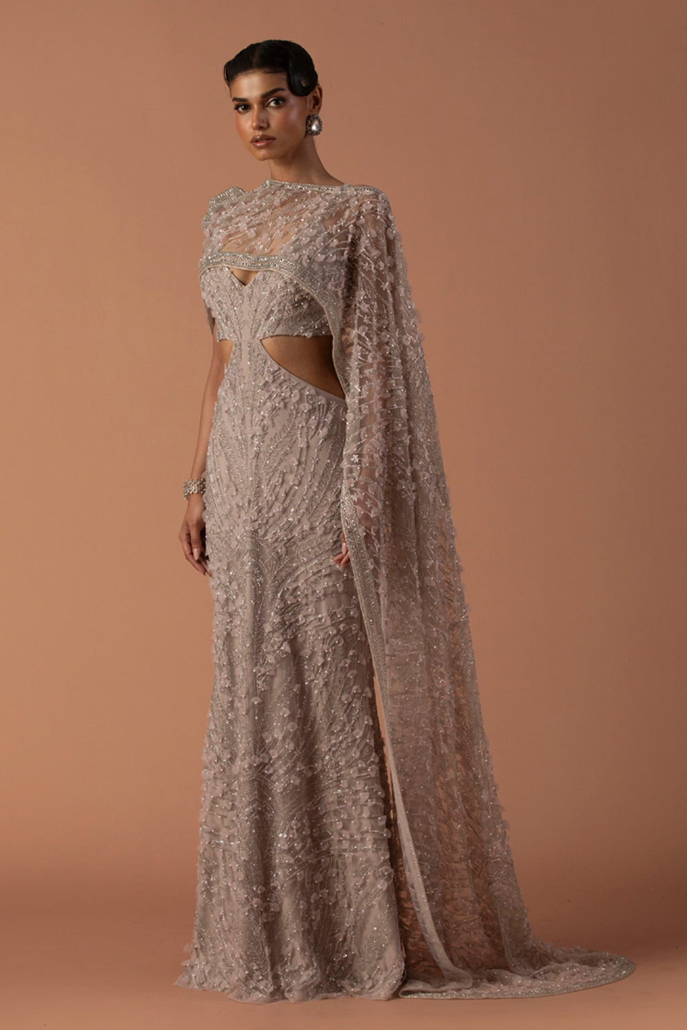 Pale Pink Cut Out Gown With 3D Embroidery And Cropped Cape