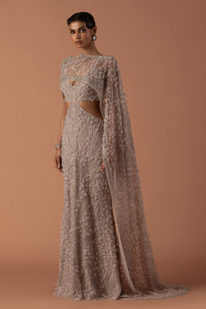 Pale Pink Cut Out Gown With 3D Embroidery And Cropped Cape