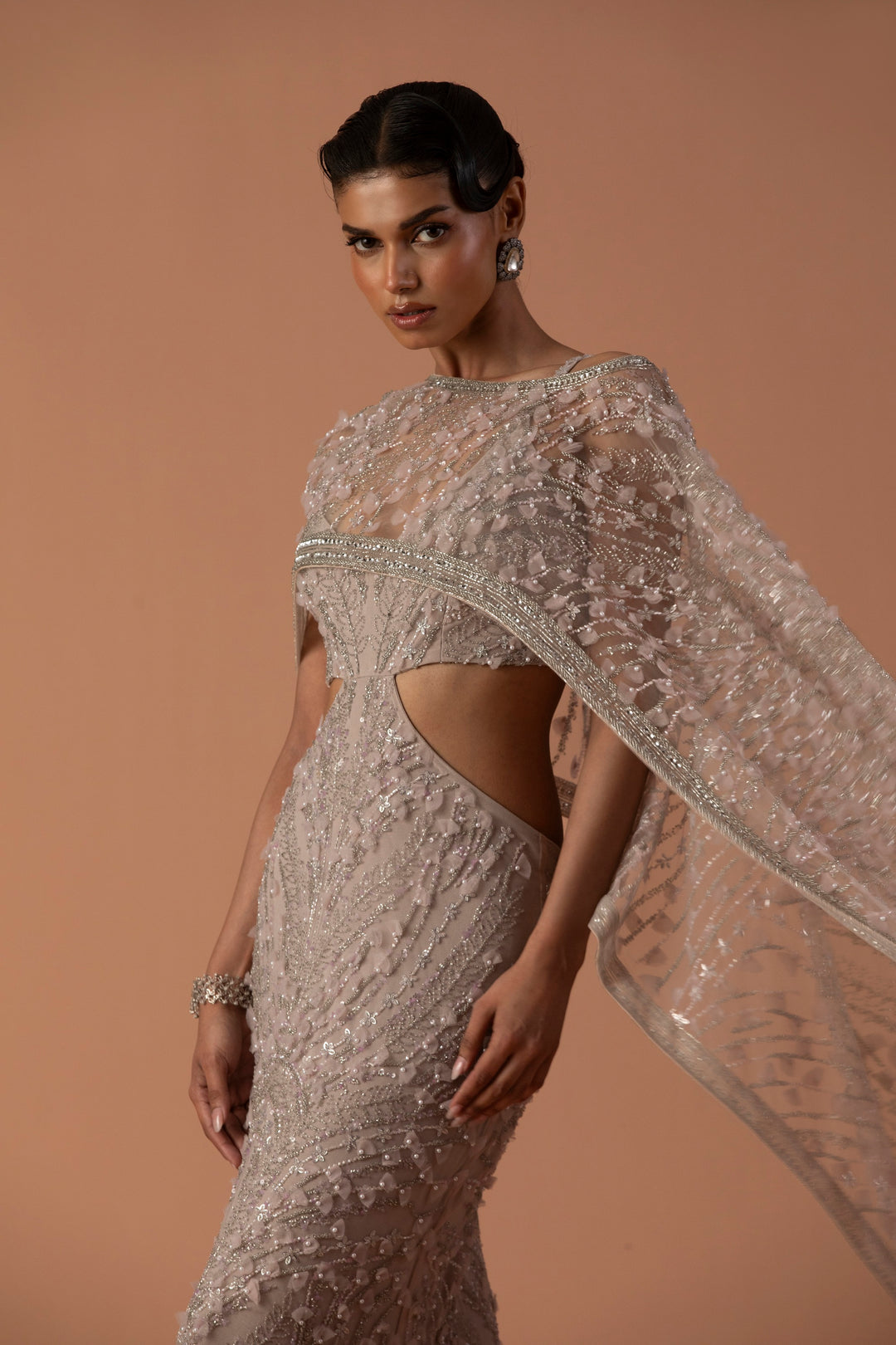 Pale Pink Cut Out Gown With 3D Embroidery And Cropped Cape