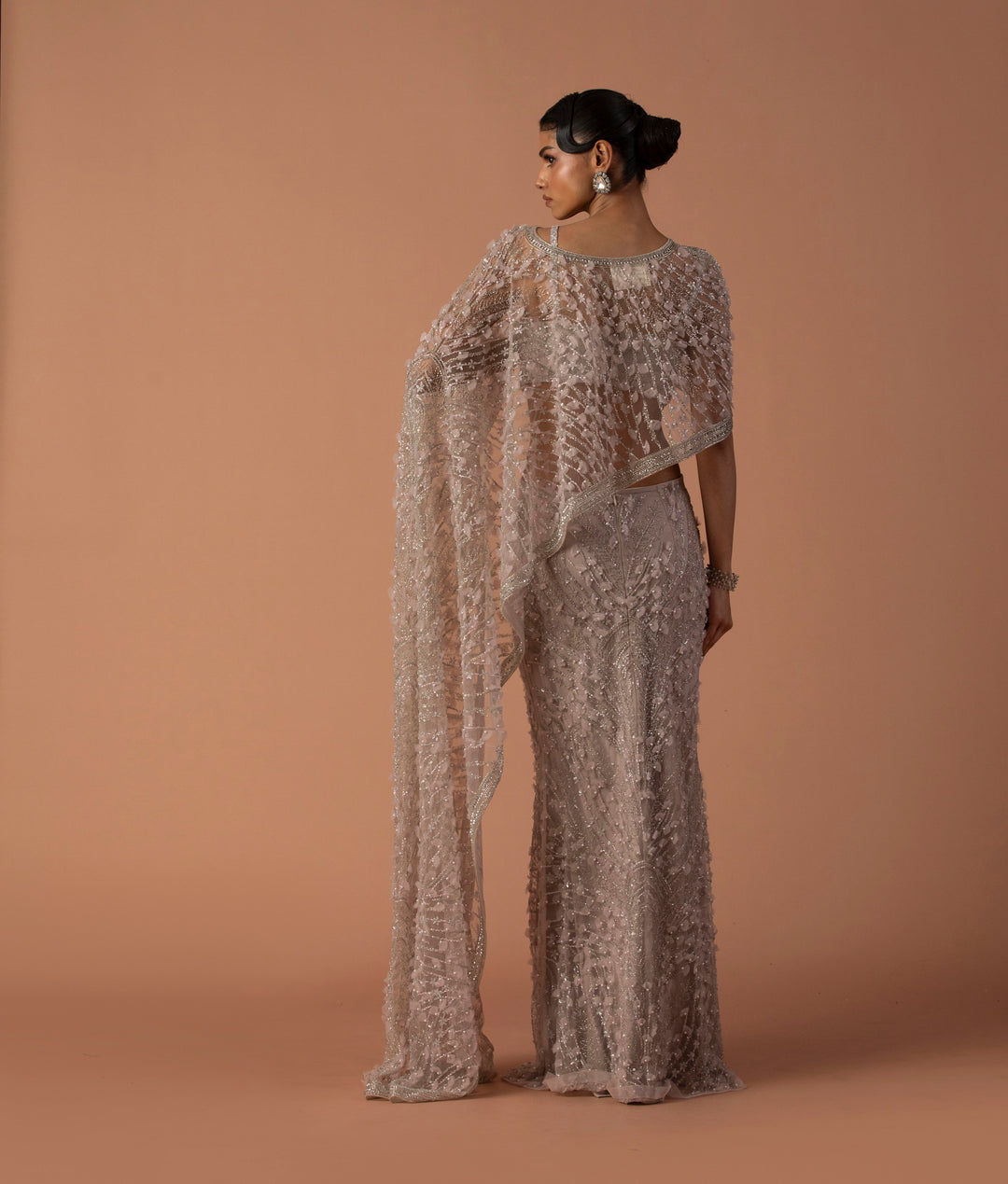 Pale Pink Cut Out Gown With 3D Embroidery And Cropped Cape