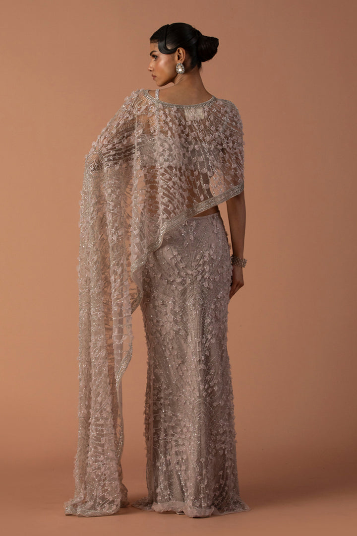 Pale Pink Cut Out Gown With 3D Embroidery And Cropped Cape