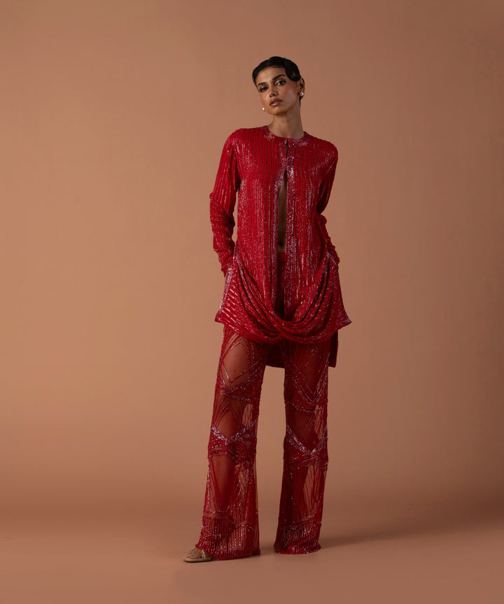 Red Sequins Cowl Jacket With Embroidered Tulle Trousers