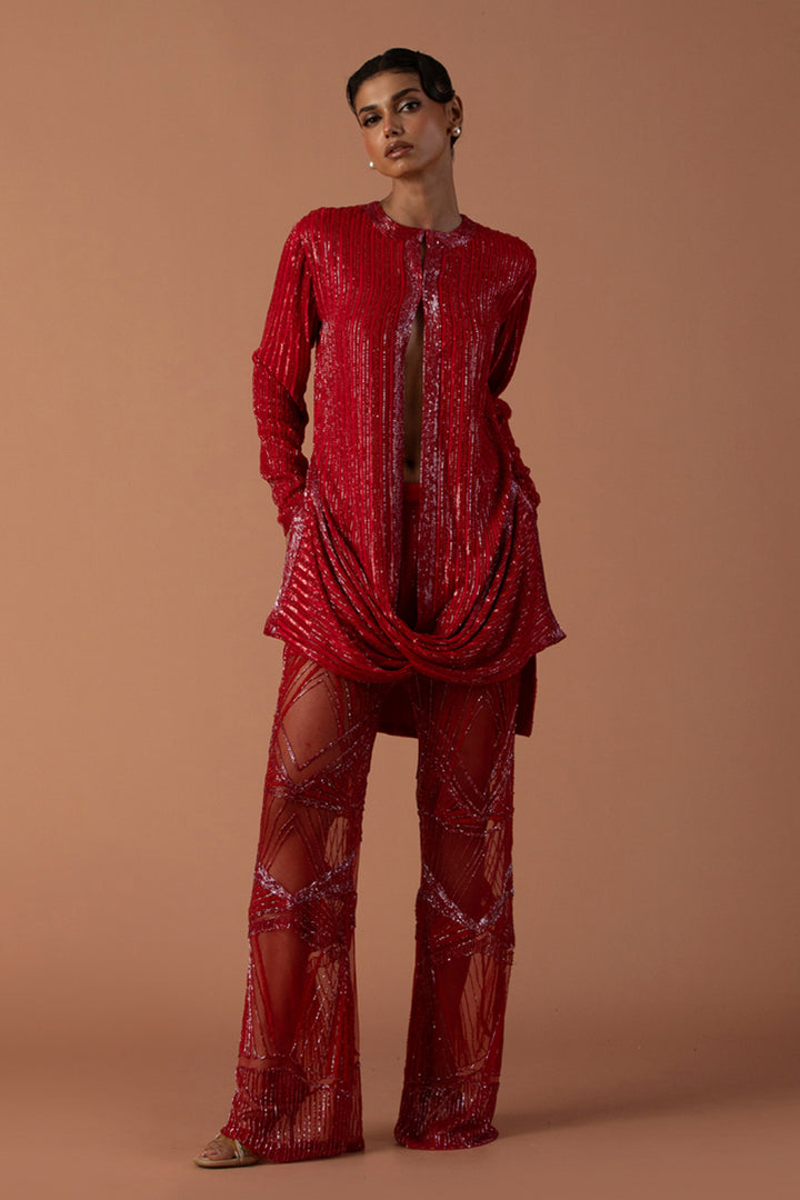 Red Sequins Cowl Jacket With Embroidered Tulle Trousers
