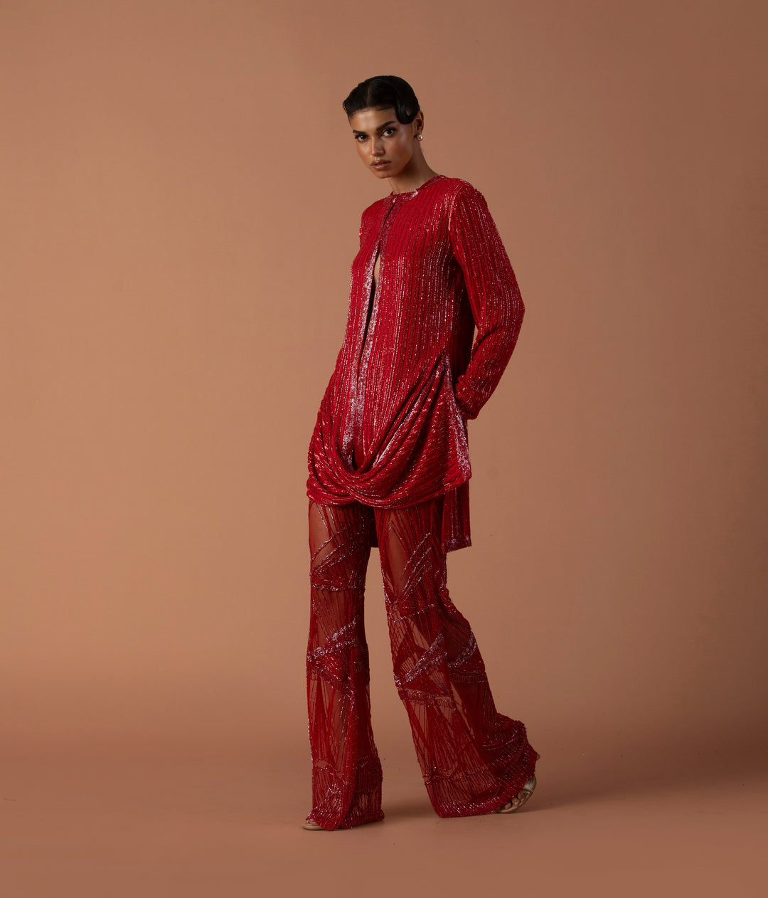 Red Sequins Cowl Jacket With Embroidered Tulle Trousers