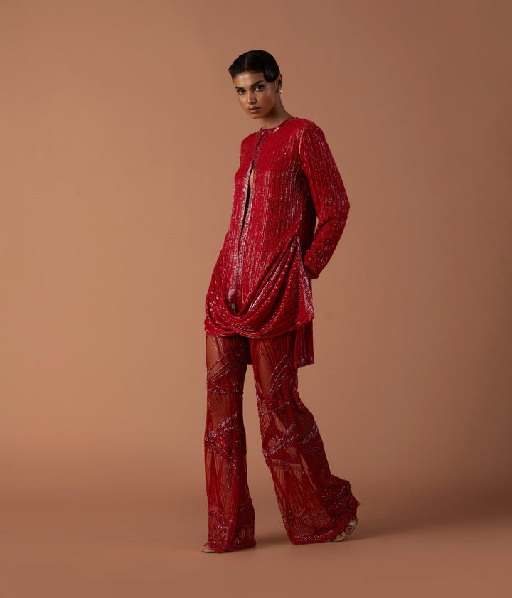 Red Sequins Cowl Jacket With Embroidered Tulle Trousers