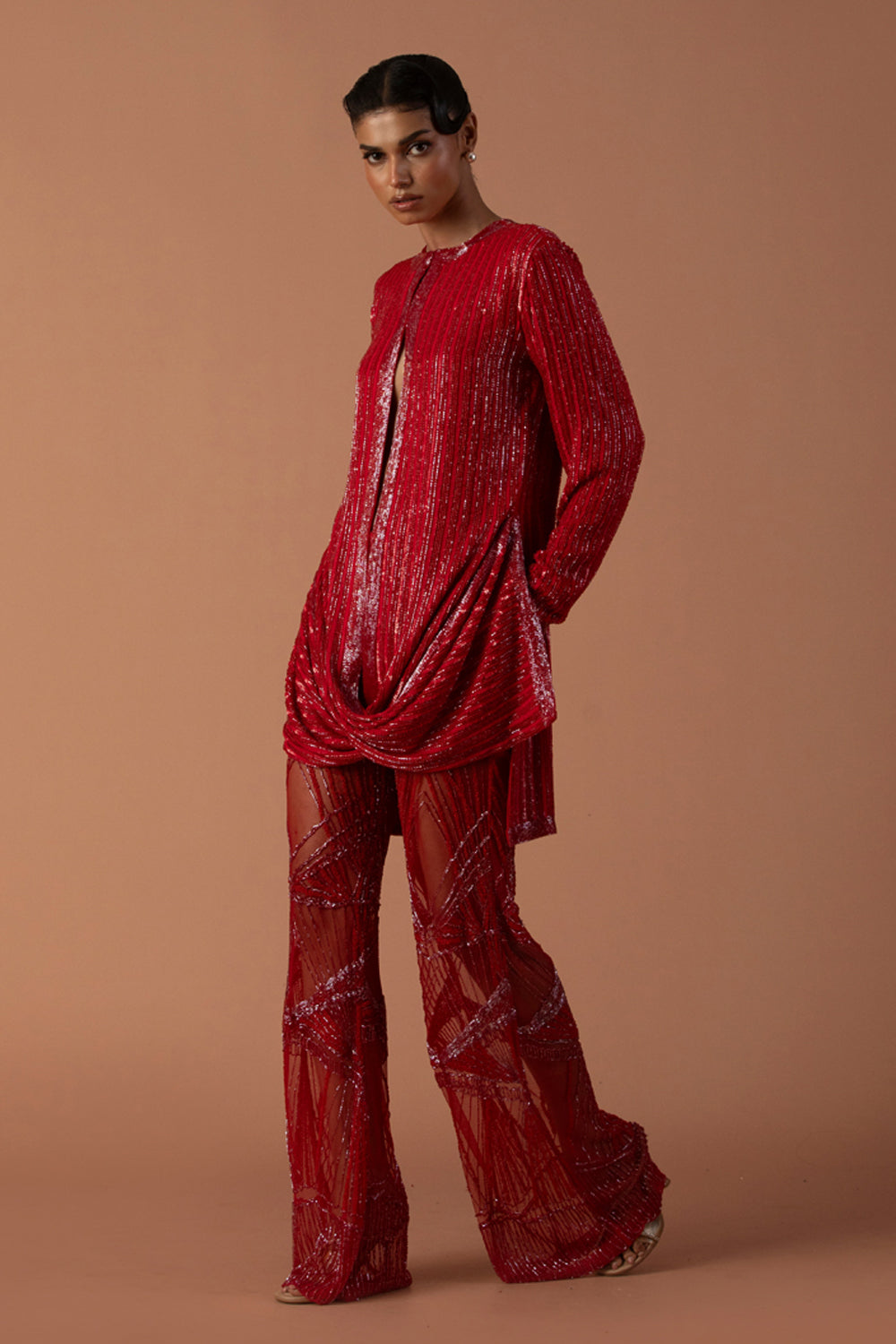 Red Sequins Cowl Jacket With Embroidered Tulle Trousers