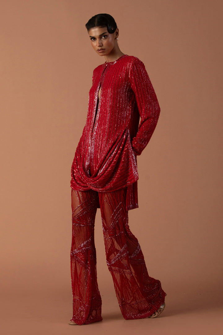 Red Sequins Cowl Jacket With Embroidered Tulle Trousers