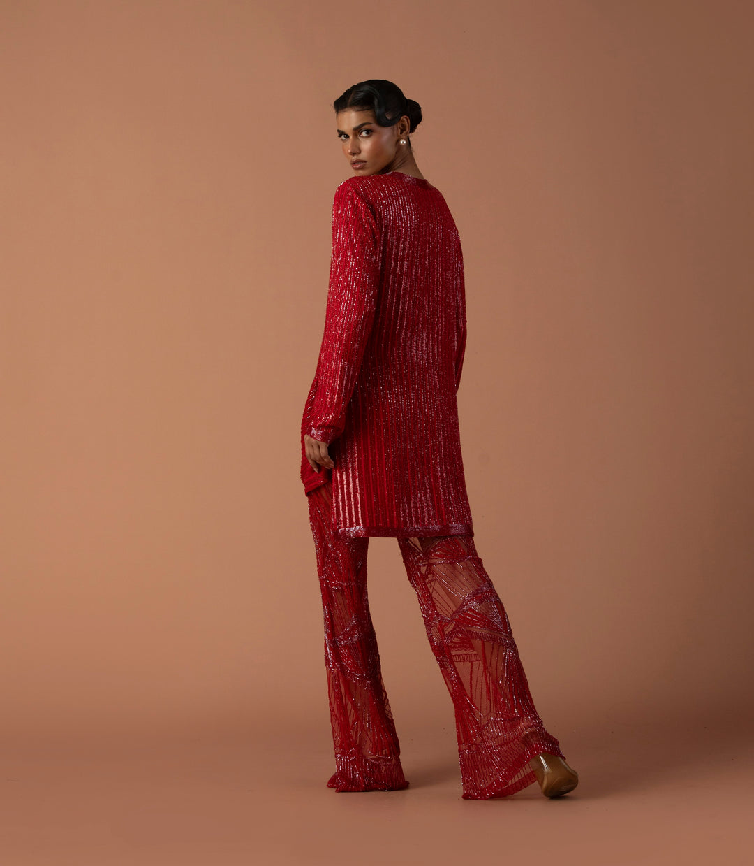 Red Sequins Cowl Jacket With Embroidered Tulle Trousers
