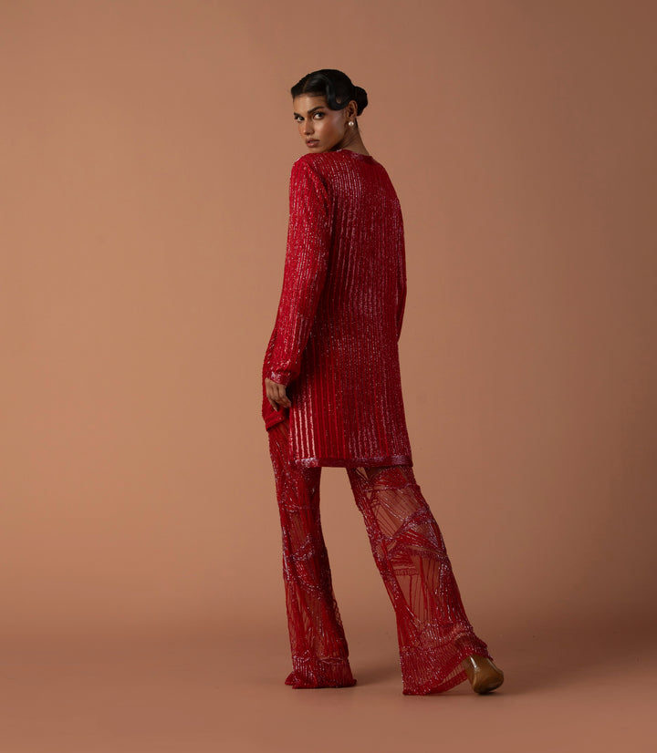 Red Sequins Cowl Jacket With Embroidered Tulle Trousers