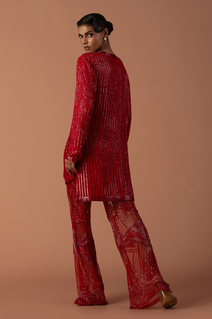 Red Sequins Cowl Jacket With Embroidered Tulle Trousers