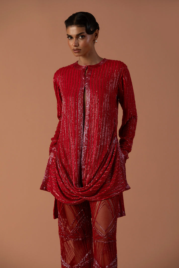 Red Sequins Cowl Jacket With Embroidered Tulle Trousers