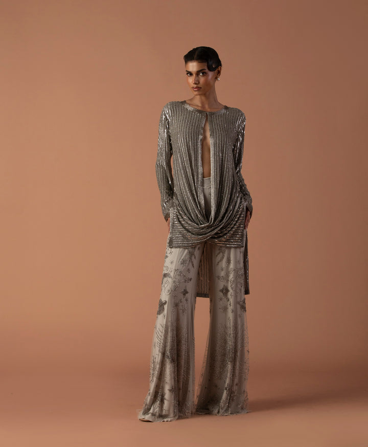 Grey Sequins Cowl Jacket With Constellation Pants