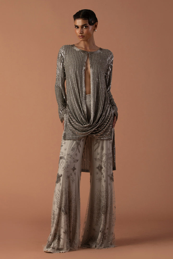 Grey Sequins Cowl Jacket With Constellation Pants
