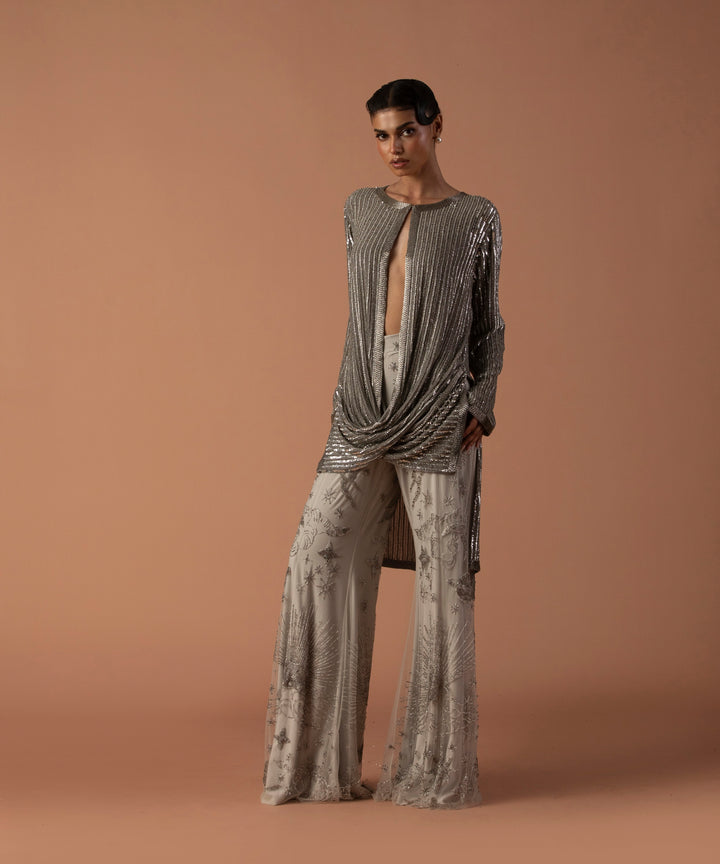 Grey Sequins Cowl Jacket With Constellation Pants