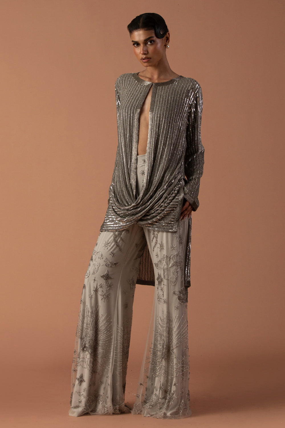 Grey Sequins Cowl Jacket With Constellation Pants