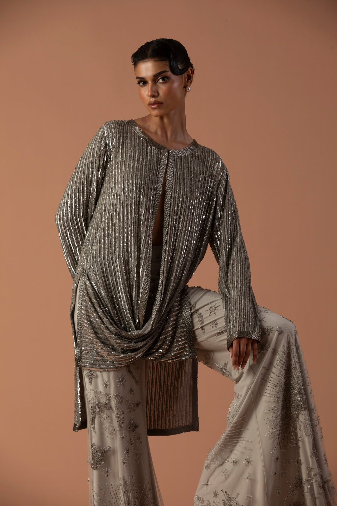 Grey Sequins Cowl Jacket With Constellation Pants