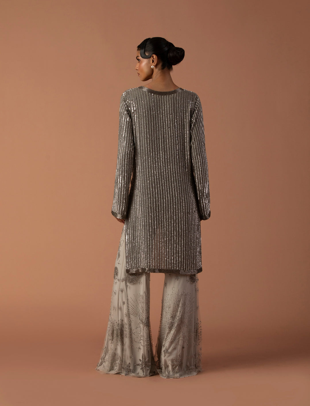 Grey Sequins Cowl Jacket With Constellation Pants