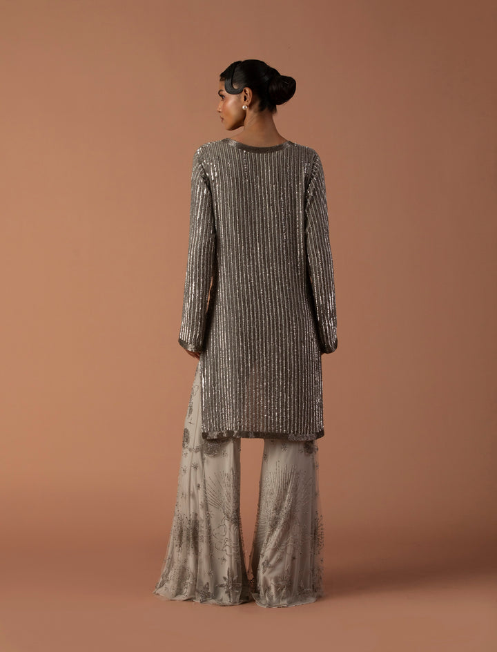 Grey Sequins Cowl Jacket With Constellation Pants