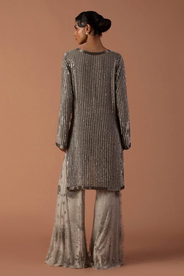 Grey Sequins Cowl Jacket With Constellation Pants