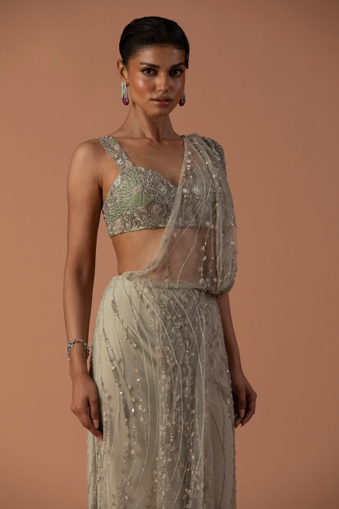 Mint Seaspray Saree With 3D Flower Palla And Thread-work Blouse