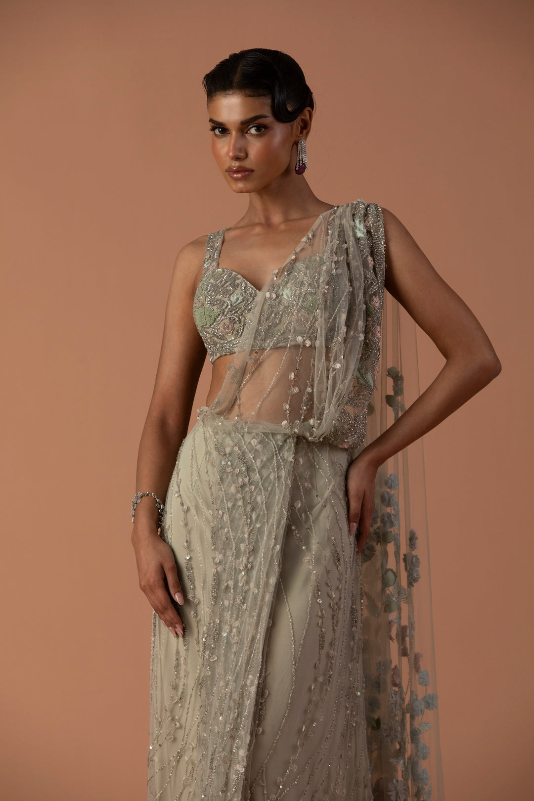 Mint Seaspray Saree With 3D Flower Palla And Thread-work Blouse