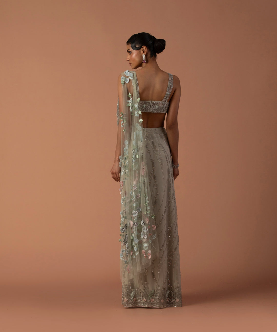 Mint Seaspray Saree With 3D Flower Palla And Thread-work Blouse