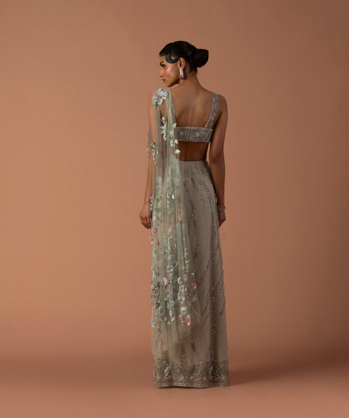 Mint Seaspray Saree With 3D Flower Palla And Thread-work Blouse