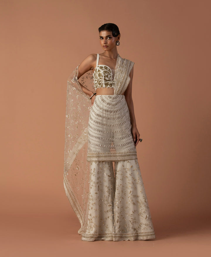 Ivory Sharara With Skirt Overlay With Thread Embroidery And Beaded Blouse