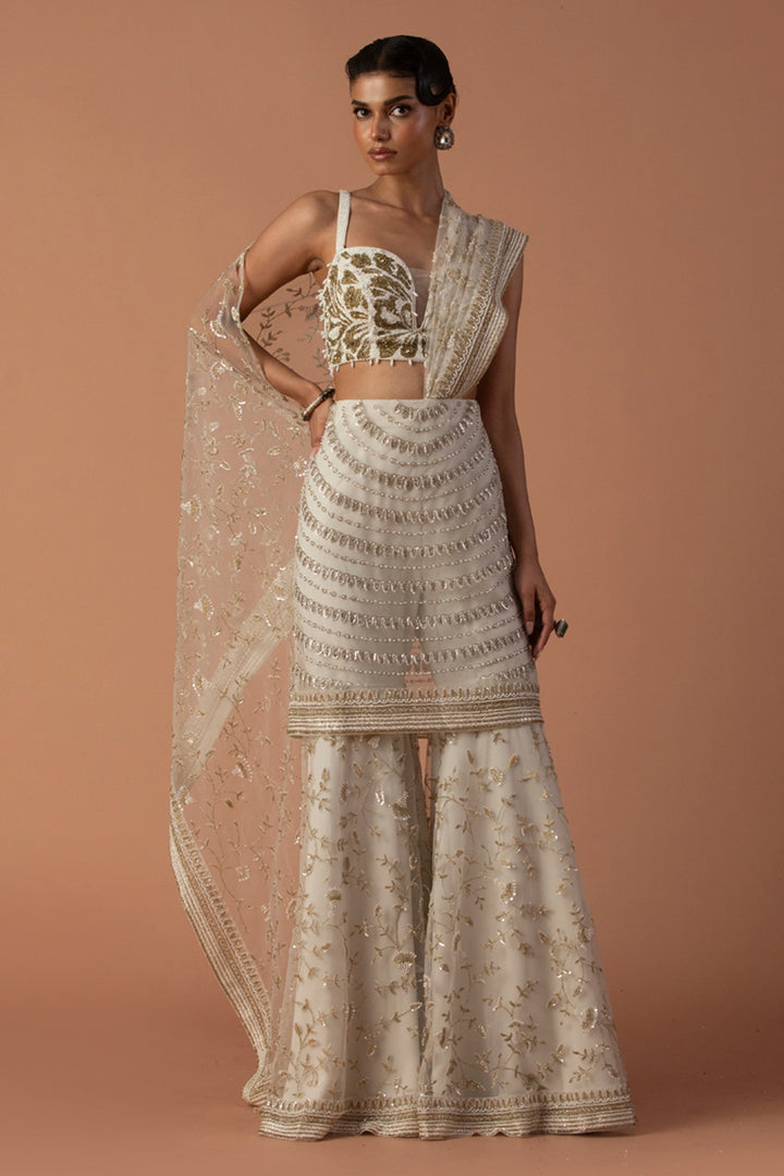 Ivory Sharara With Skirt Overlay With Thread Embroidery And Beaded Blouse