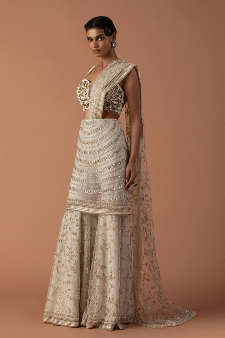 Ivory Sharara With Skirt Overlay With Thread Embroidery And Beaded Blouse