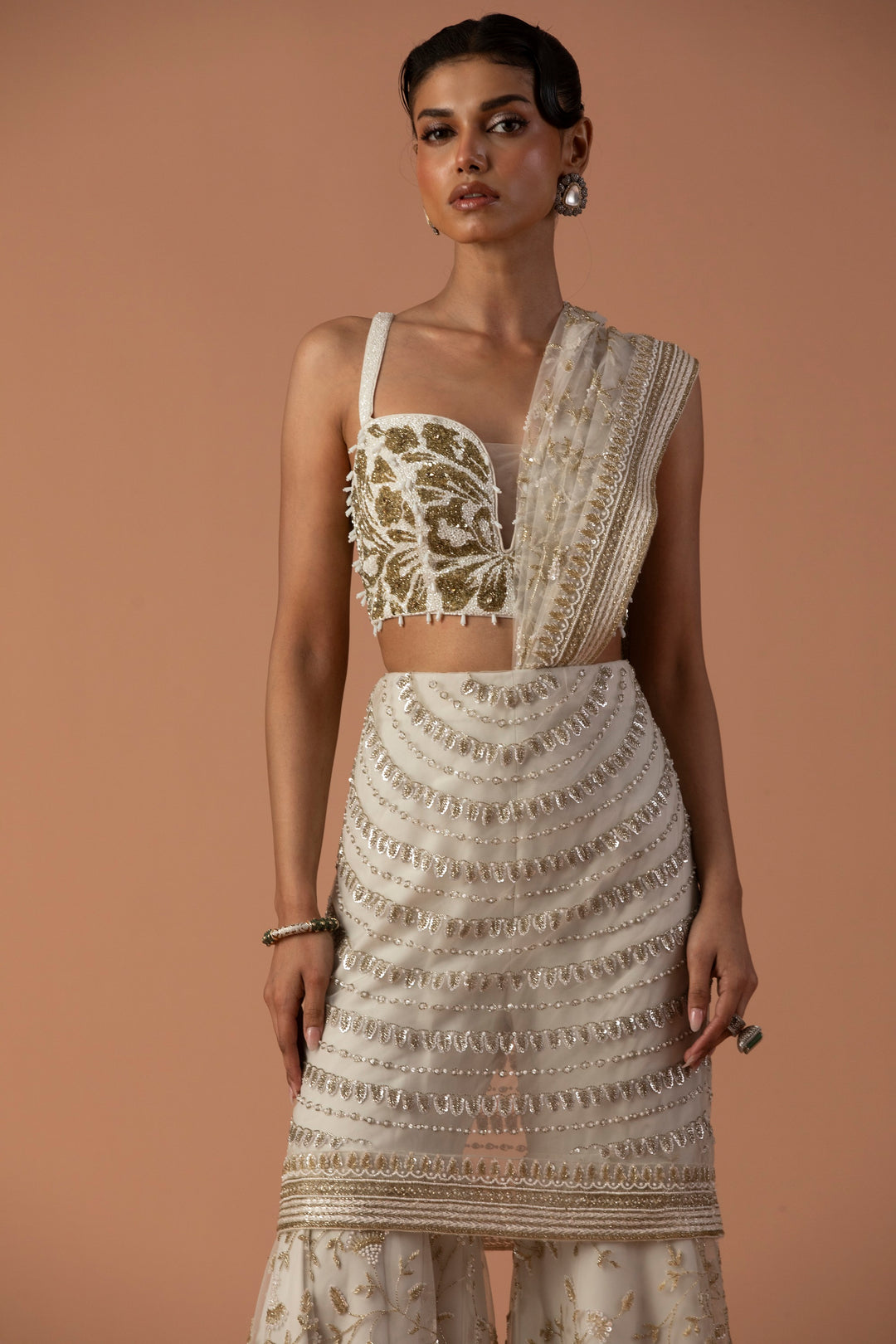 Ivory Sharara With Skirt Overlay With Thread Embroidery And Beaded Blouse