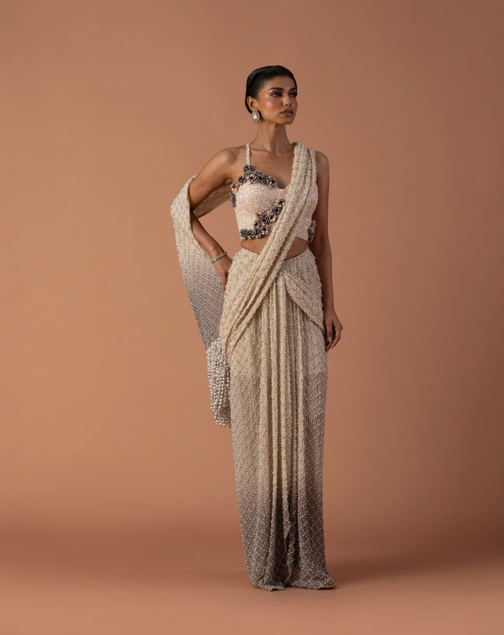 Cream And Grey Ombre Skirt Saree With Pearls And Beaded Corset