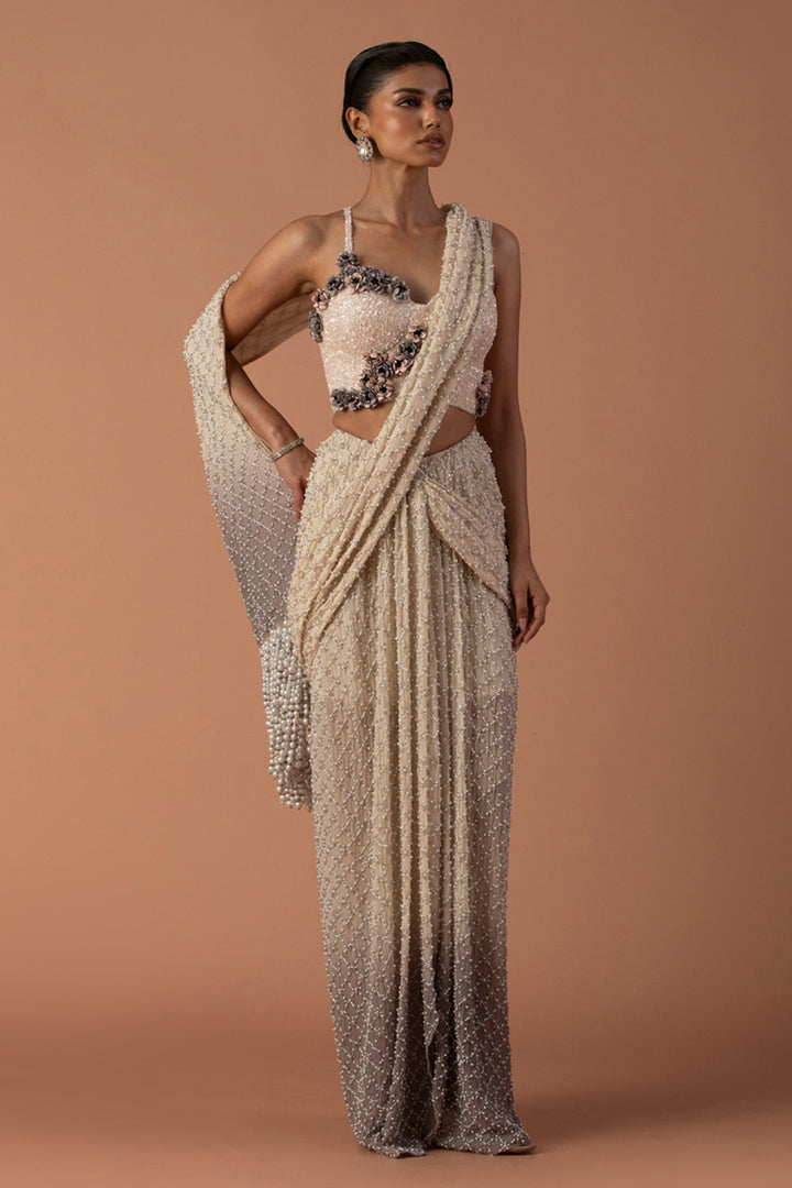 Cream And Grey Ombre Skirt Saree With Pearls And Beaded Corset  (Pre-stitched)
