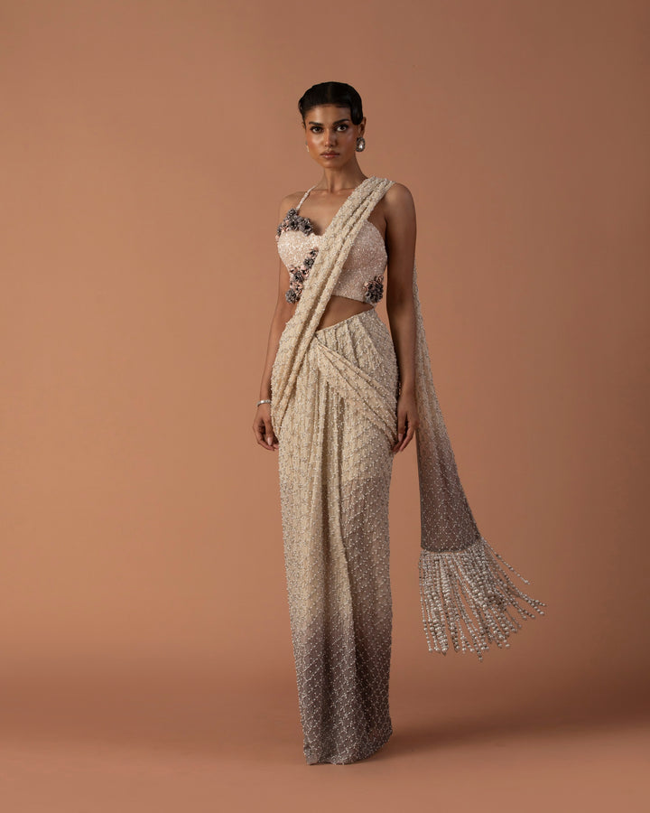 Cream And Grey Ombre Skirt Saree With Pearls And Beaded Corset