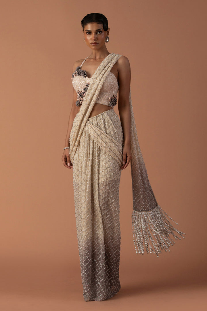 Cream And Grey Ombre Skirt Saree With Pearls And Beaded Corset  (Pre-stitched)