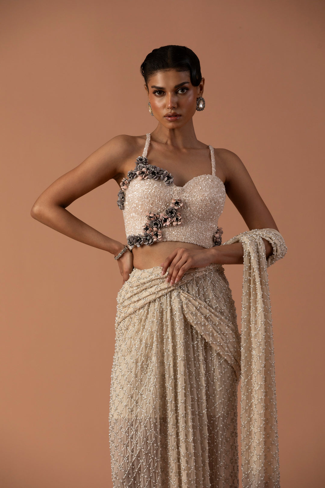 Cream And Grey Ombre Skirt Saree With Pearls And Beaded Corset