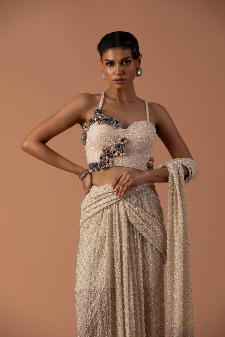 Cream And Grey Ombre Skirt Saree With Pearls And Beaded Corset