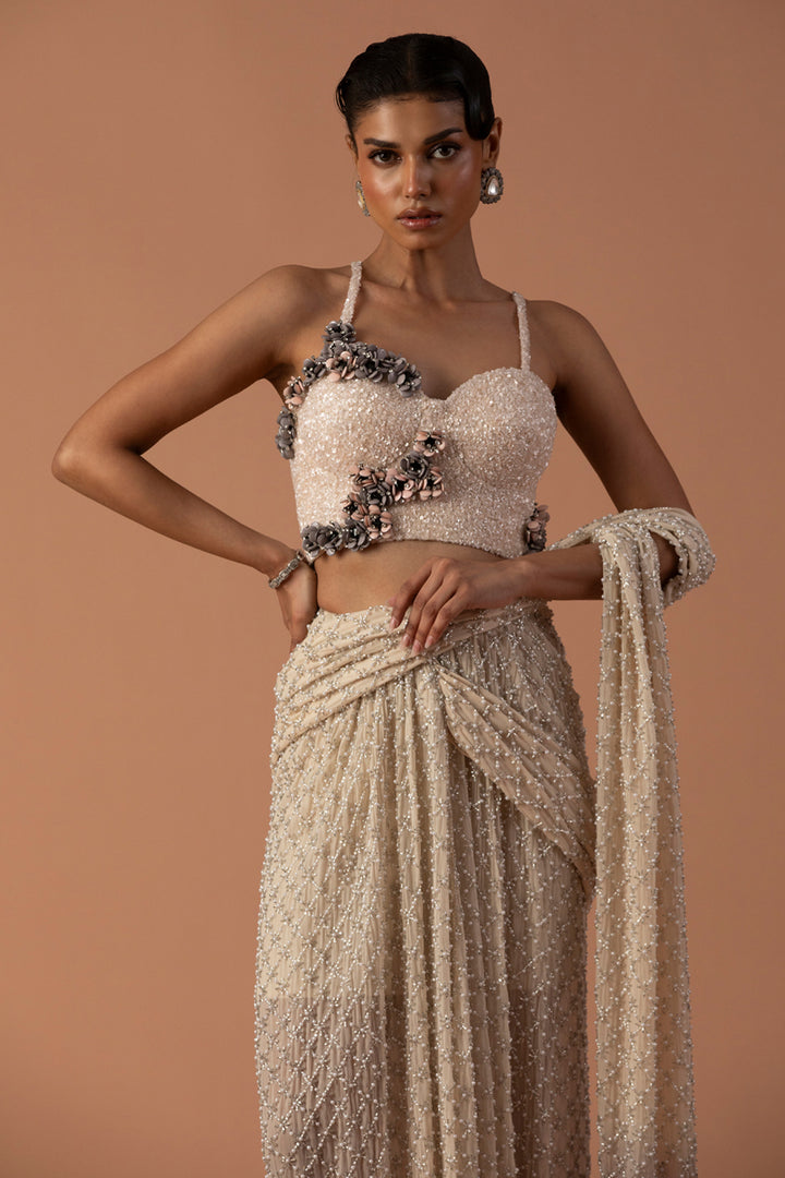Cream And Grey Ombre Skirt Saree With Pearls And Beaded Corset  (Pre-stitched)