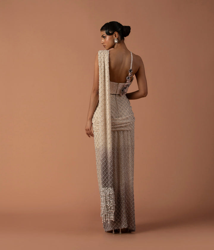 Cream And Grey Ombre Skirt Saree With Pearls And Beaded Corset