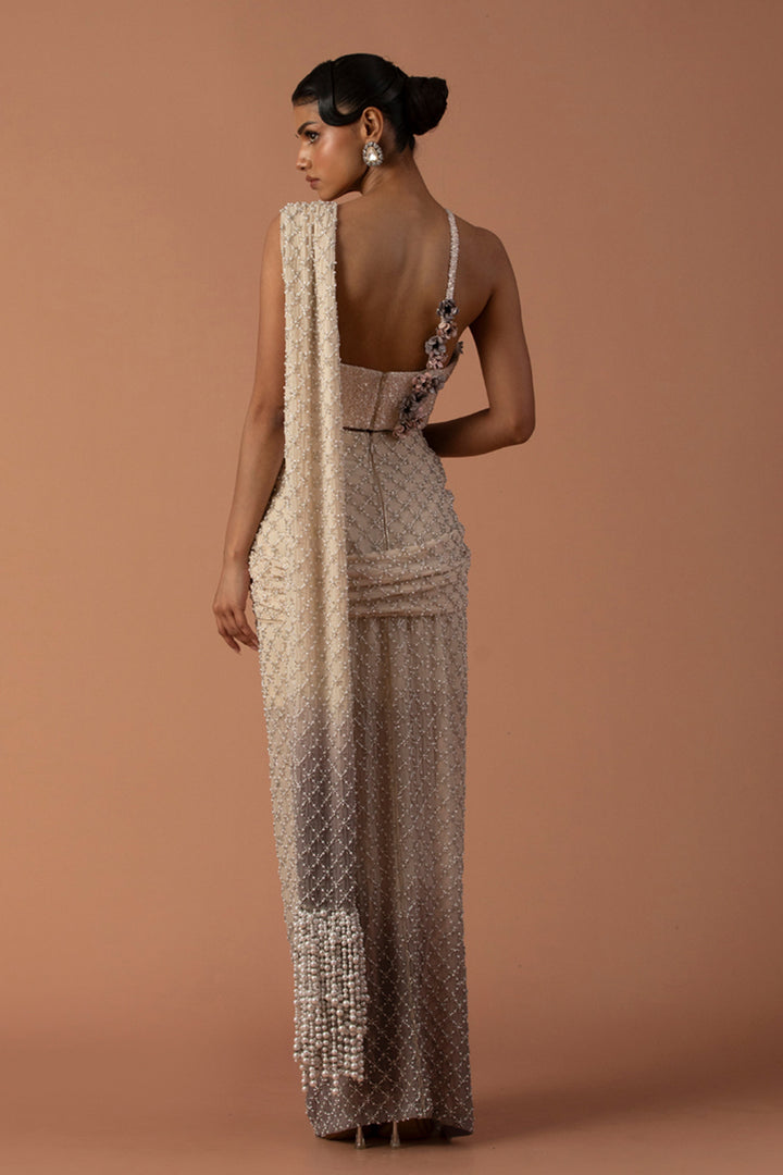 Cream And Grey Ombre Skirt Saree With Pearls And Beaded Corset  (Pre-stitched)