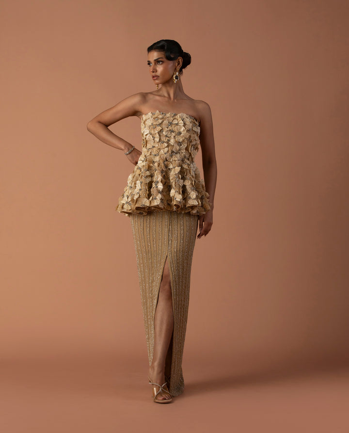 Peach Feather Embellished Peplum Top With Slit Skirt